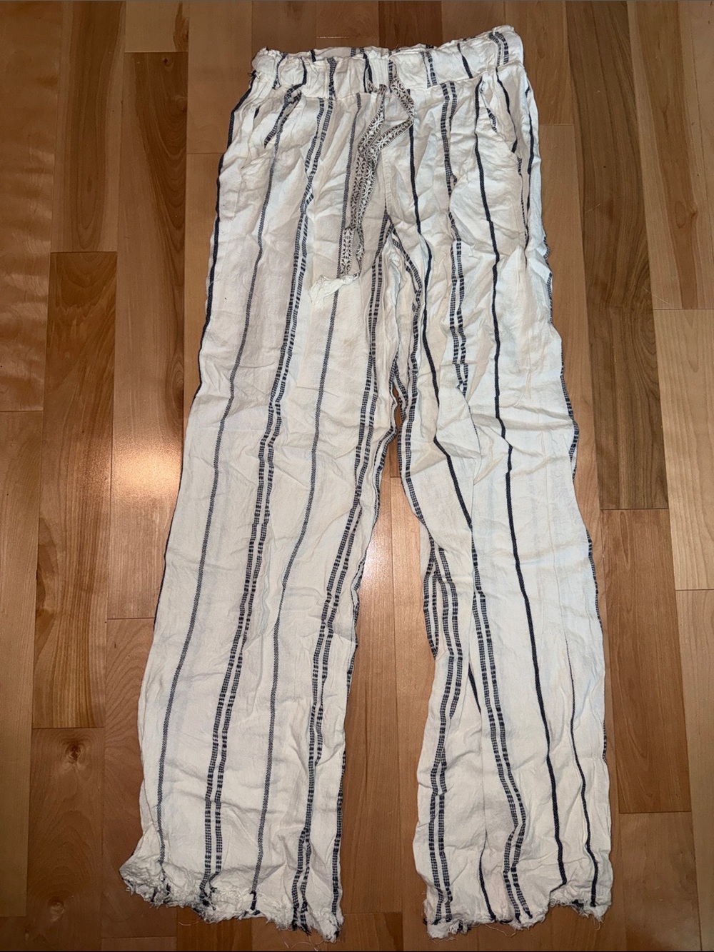 Linen White Pants with Navy Vertical Stripes and Raw Hem M